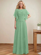 A-line Scoop Illusion Floor-Length Lace Chiffon Mother of the Bride Dress With Sequins by Dreamylily