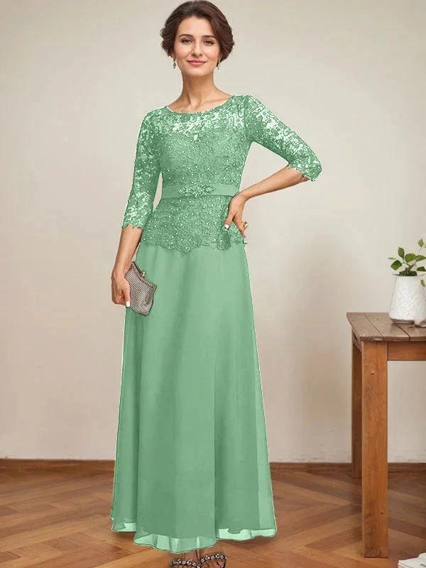 A-line Scoop Illusion Ankle-Length Chiffon Lace Mother of the Bride Dress With Rhinestone Beading by Dreamylily
