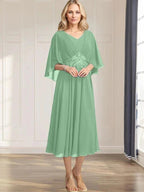 A-line V-Neck Tea-Length Chiffon Mother of the Bride Dress With Pleated Sequins Appliques Lace Beadind by Dreamylily