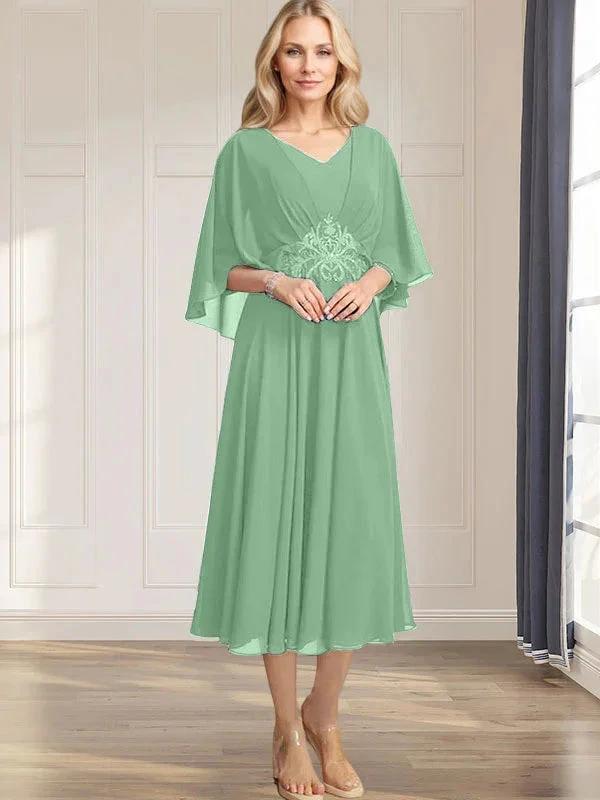 A-line V-Neck Tea-Length Chiffon Mother of the Bride Dress With Pleated Sequins Appliques Lace Beadind by Dreamylily