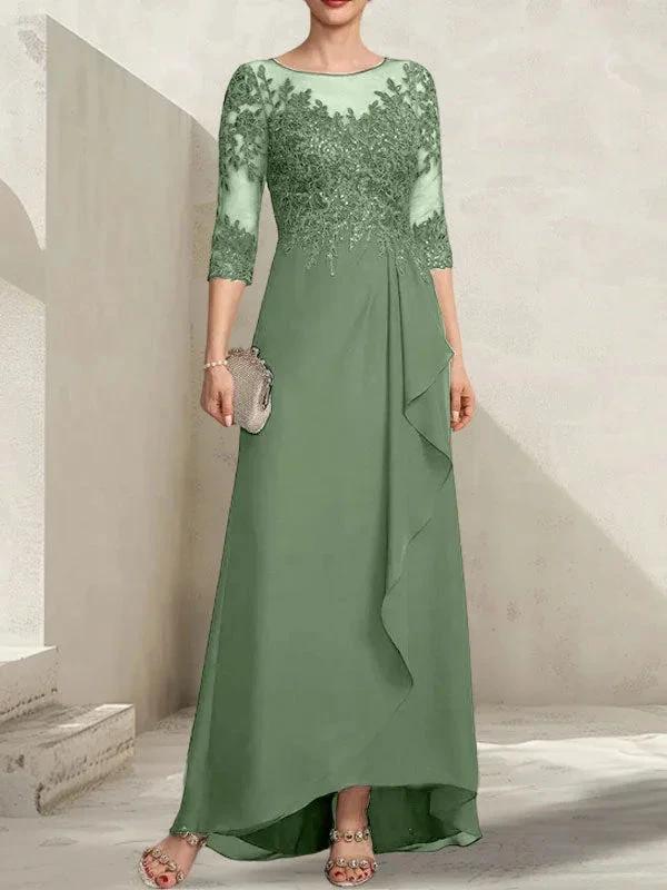 A-line Scoop Illusion Asymmetrical Lace Chiffon Mother of the Bride Dress With Sequins Cascading Ruffles by Dreamylily