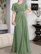 A-line Scoop Floor-Length Chiffon Mother of the Bride Dress With Pleated Beading by Dreamylily