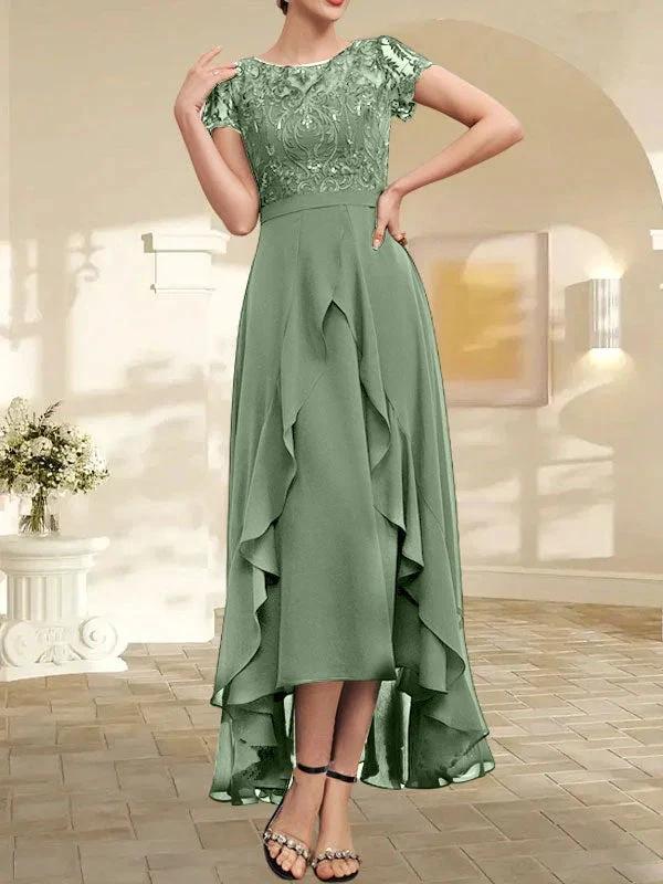 A-line Scoop Illusion Asymmetrical Chiffon Lace Mother of the Bride Dress With Bow Ruffle Sequins by Dreamylily