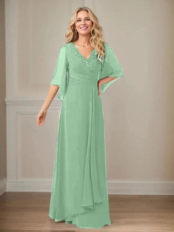 A-Line V-Neck Long Sequins Chiffon Mother Dress by Dreamylily