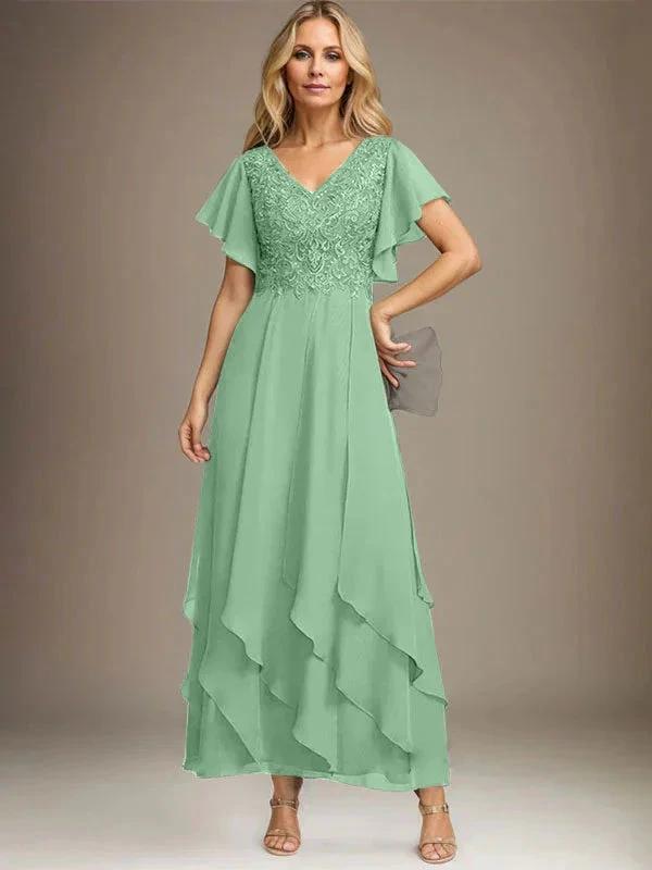 A-line V-Neck Ankle-Length Lace Chiffon Mother of the Bride Dress With Cascading Ruffles by Dreamylily