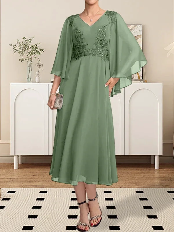 A-line V-Neck Tea-Length Chiffon Lace Mother of the Bride Dress With Beading Sequins by Dreamylily