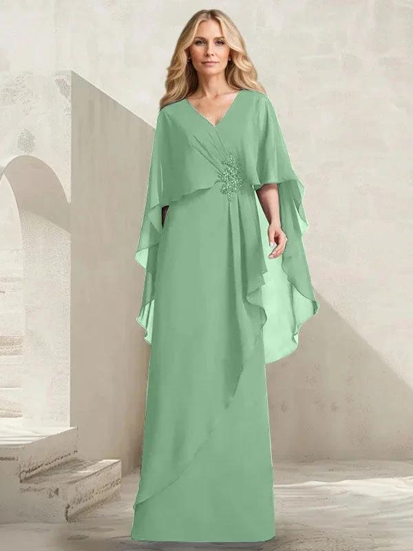A-line V-Neck Floor-Length Chiffon Mother of the Bride Dress With Cascading Ruffles Beading by Dreamylily