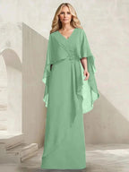 A-line V-Neck Floor-Length Chiffon Mother of the Bride Dress With Cascading Ruffles Beading by Dreamylily