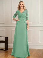 A-line V-Neck Floor-Length Lace Chiffon Mother of the Bride Dress With Pleated Sequins by Dreamylily