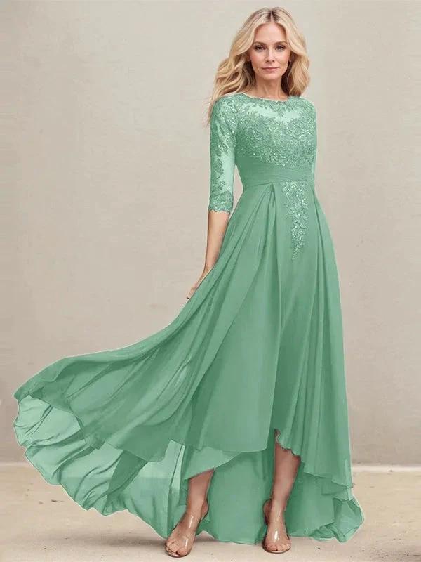 A-line Scoop Illusion Asymmetrical Lace Chiffon Mother of the Bride Dress With Pleated Sequins by Dreamylily