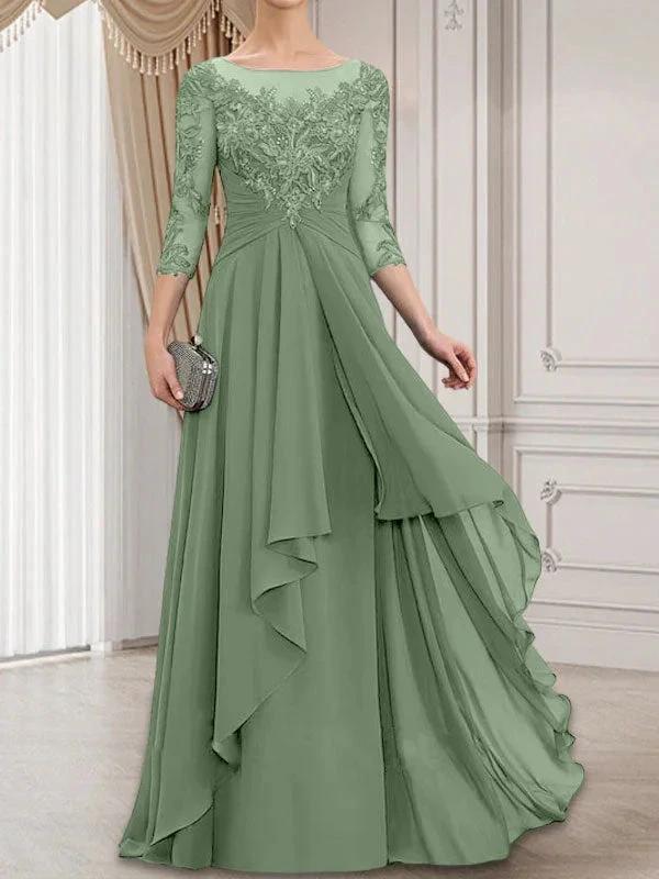 A-line Scoop Illusion Floor-Length Lace Chiffon Mother of the Bride Dress With Cascading Ruffles by Dreamylily