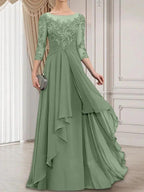 A-line Scoop Illusion Floor-Length Lace Chiffon Mother of the Bride Dress With Cascading Ruffles by Dreamylily