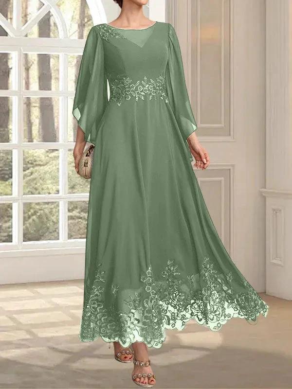 A-line Scoop Illusion Ankle-Length Lace Chiffon Mother of the Bride Dress With Sequins by Dreamylily