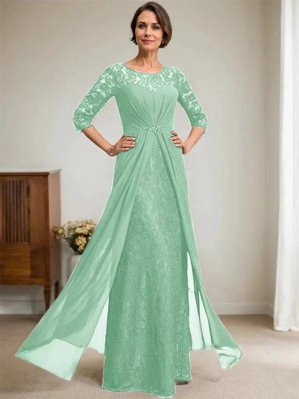 A-Line Scoop Illusion Floor-Length Lace Chiffon Mother Of the Bride Dress With Beading Ruffles by Dreamylily