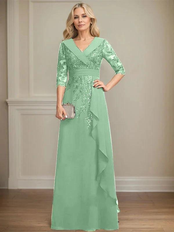 A-line Collared V-Neck Floor-Length Lace Chiffon Mother of the Bride Dress With Sequins Cascading Ruffles by Dreamylily