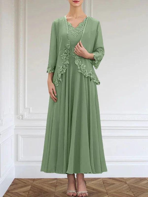 A-line V-Neck Ankle-Length Chiffon Mother of the Bride Dress With Sequins Appliques Lace Beading by Dreamylily