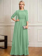 A-line Scoop Illusion Floor-Length Lace Chiffon Mother of the Bride Dress With Pleated by Dreamylily