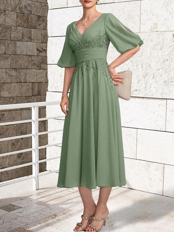 A-line V-Neck Tea-Length Lace Chiffon Mother of the Bride Dress With Pleated by Dreamylily