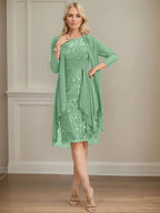 Sheath/Column Scoop Illusion Knee-Length Lace Chiffon Mother of the Bride Dress With Cascading Ruffles Sequins by Dreamylily