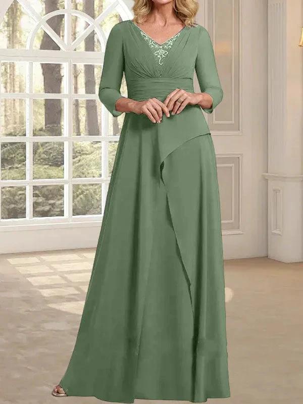 A-line V-Neck Floor-Length Chiffon Mother of the Bride Dress With Pleated Beading by Dreamylily