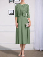 A-line Scoop Tea-Length Chiffon Mother of the Bride Dress With Pleated by Dreamylily
