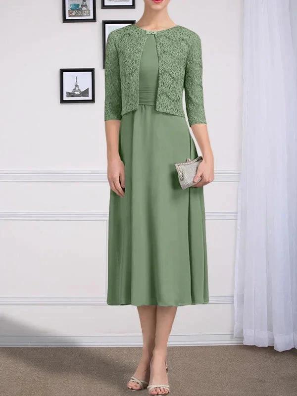 A-line Scoop Tea-Length Chiffon Mother of the Bride Dress With Pleated by Dreamylily