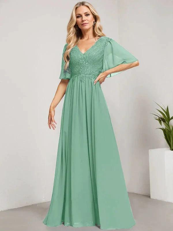 A-line V-Neck Floor-Length Lace Chiffon Mother of the Bride Dress With Sequins by Dreamylily