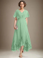 A-line V-Neck Asymmetrical Lace Chiffon Mother of the Bride Dress With Pleated by Dreamylily