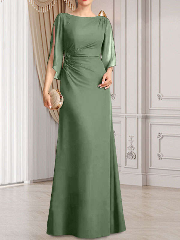 Etui-Linie/Säule U-Ausschnitt Bodenlang Chiffon Kleid für die Brautmutter mit Plissee Perlenbesatz