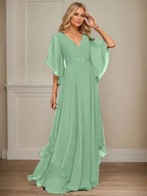 A-line V-Neck Floor-Length Chiffon Mother of the Bride Dress With Sequins Appliques Lace Beading by Dreamylily