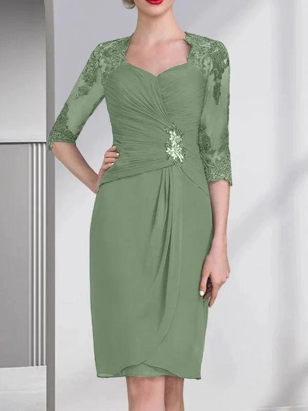 Sheath/Column Sweetheart Knee-Length Chiffon Mother of the Bride Dress With Beading Appliques Lace Sequins Pleated by Dreamylily