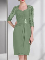 Sheath/Column Sweetheart Knee-Length Chiffon Mother of the Bride Dress With Beading Appliques Lace Sequins Pleated by Dreamylily