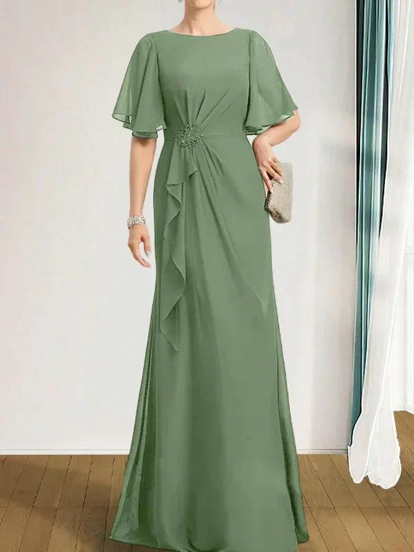 A-line Scoop Floor-Length Chiffon Mother of the Bride Dress With Cascading Ruffles Beading Sequins by Dreamylily