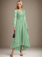 A-line V-Neck Asymmetrical Lace Chiffon Mother of the Bride Dress by Dreamylily