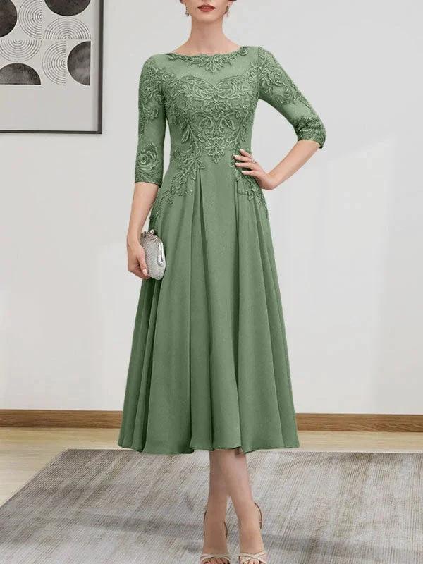 A-line Scoop Illusion Tea-Length Chiffon Lace Mother of the Bride Dress With Beading Sequins by Dreamylily
