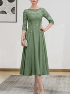 A-line Scoop Illusion Tea-Length Chiffon Lace Mother of the Bride Dress With Beading Sequins by Dreamylily