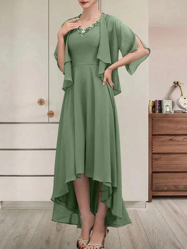 A-line V-Neck Asymmetrical Chiffon Mother of the Bride Dress With Beading Sequins by Dreamylily