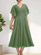 A-line V-Neck Tea-Length Chiffon Mother of the Bride Dress With Pleated Beading by Dreamylily