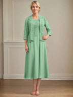 A-line Scoop Tea-Length Lace Chiffon Mother of the Bride Dress by Dreamylily