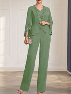 Separates Jumpsuit/Pantsuit V-Neck Floor-Length Chiffon Mother of the Bride Dress