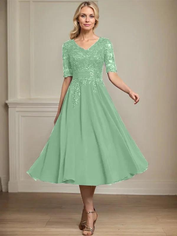 A-line V-Neck Tea-Length Lace Chiffon Mother of the Bride Dress With Sequins by Dreamylily
