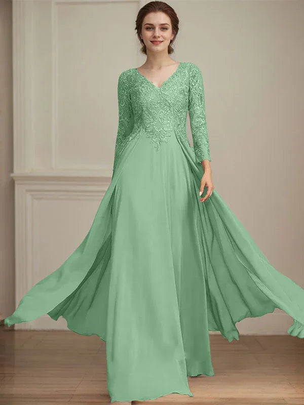 A-line V-Neck Floor-Length Lace Chiffon Mother of the Bride Dress With Sequins by Dreamylily