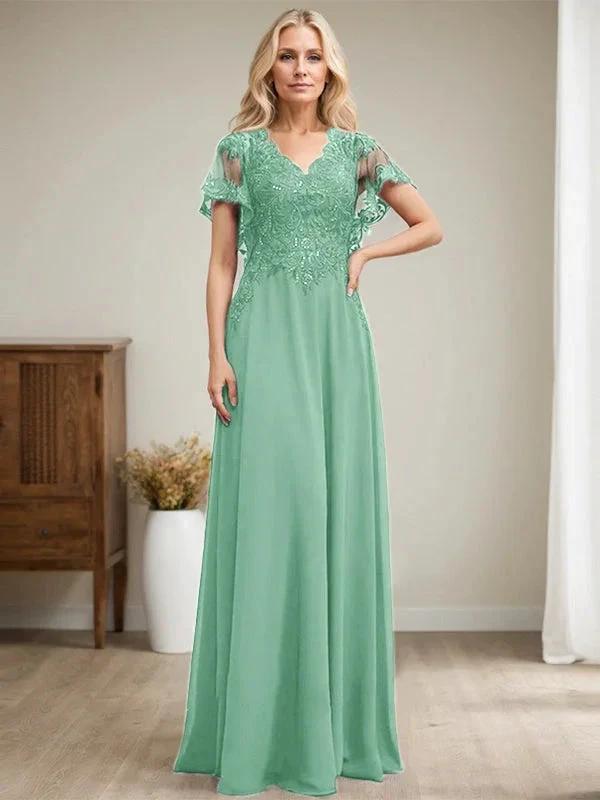 A-line V-Neck Floor-Length Lace Chiffon Mother of the Bride Dress With Sequins by Dreamylily