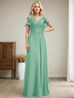A-line V-Neck Floor-Length Lace Chiffon Mother of the Bride Dress With Sequins by Dreamylily