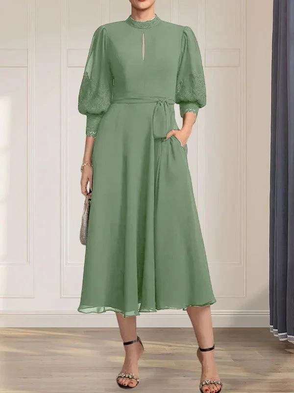 A-line High Neck Tea-Length Lace Chiffon Mother of the Bride Dress With Bow by Dreamylily