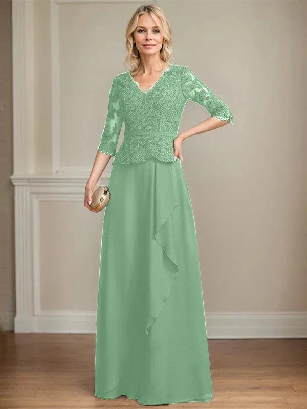 A-line V-Neck Floor-Length Lace Chiffon Mother of the Bride Dress With Cascading Ruffles Sequins by Dreamylily