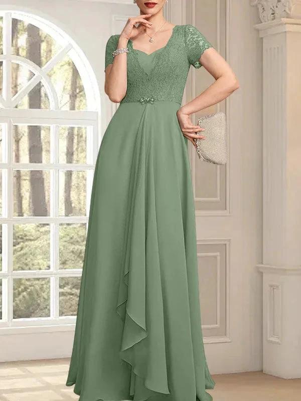 A-line Sweetheart Floor-Length Chiffon Lace Mother of the Bride Dress With Beading Cascading Ruffles by Dreamylily