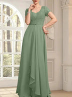 A-line Sweetheart Floor-Length Chiffon Lace Mother of the Bride Dress With Beading Cascading Ruffles by Dreamylily