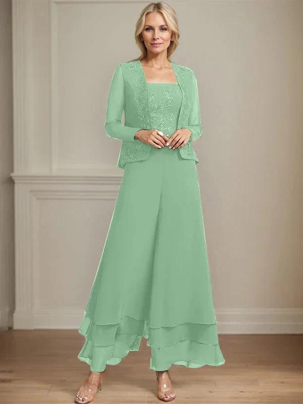 Separates Jumpsuit/Pantsuit Square Ankle-Length Lace Chiffon Mother of the Bride Dress With Sequins by Dreamylily