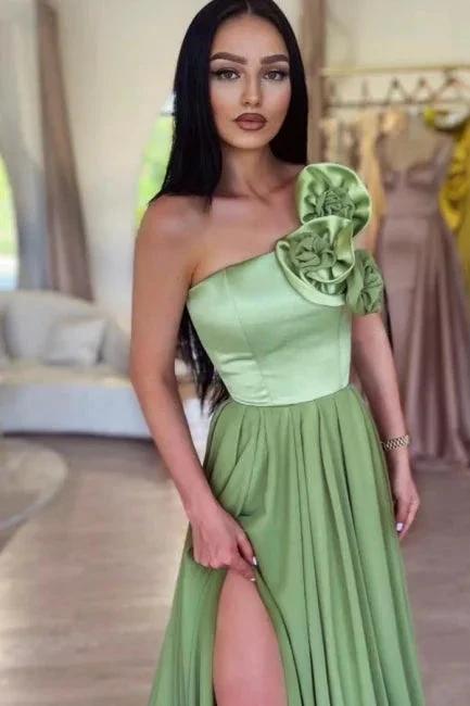 Sage One-Shoulder High Split Prom Dress With Court Train by misshow.com